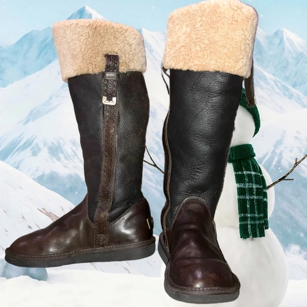UGG Brooks Tall Boots Brown Leather Shearling Lined Flat Moto Style Women’s 6
